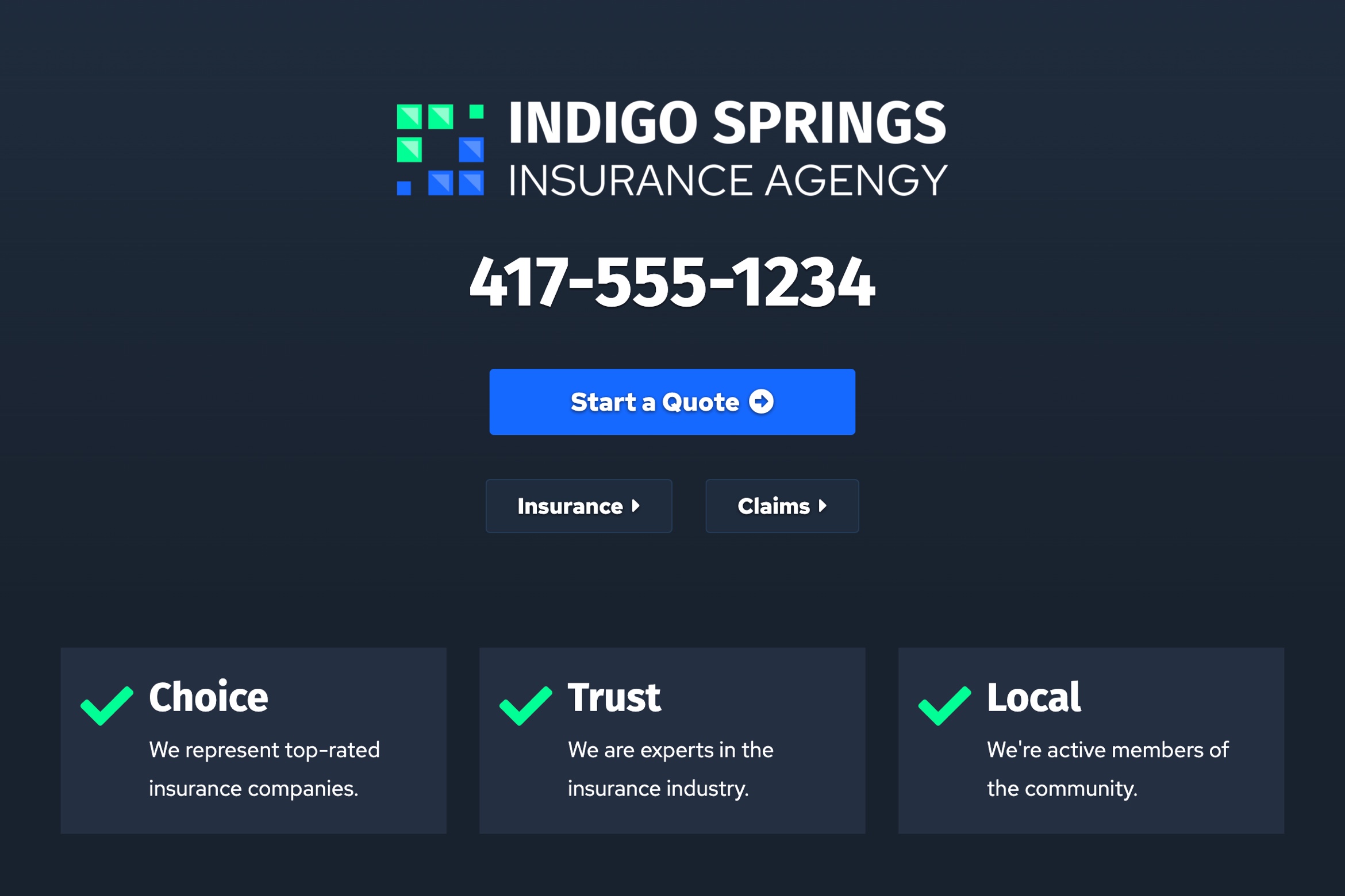 Screentshot of Indigo Springs Insurance website